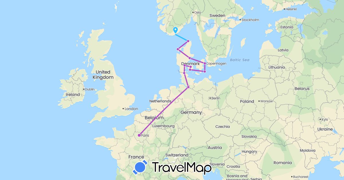 TravelMap itinerary: train, boat in Germany, Denmark, France, Norway (Europe)